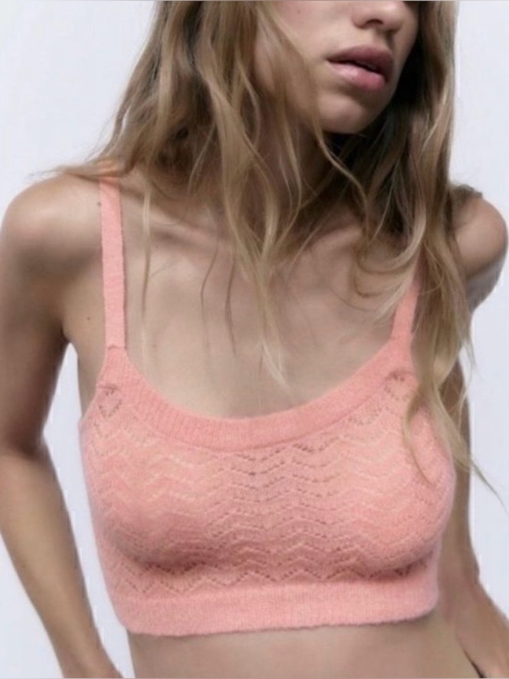Zara Alpaca/Wool Blend Crochet Pink Cropped Soft Fuzzy Tank Top Size Medium